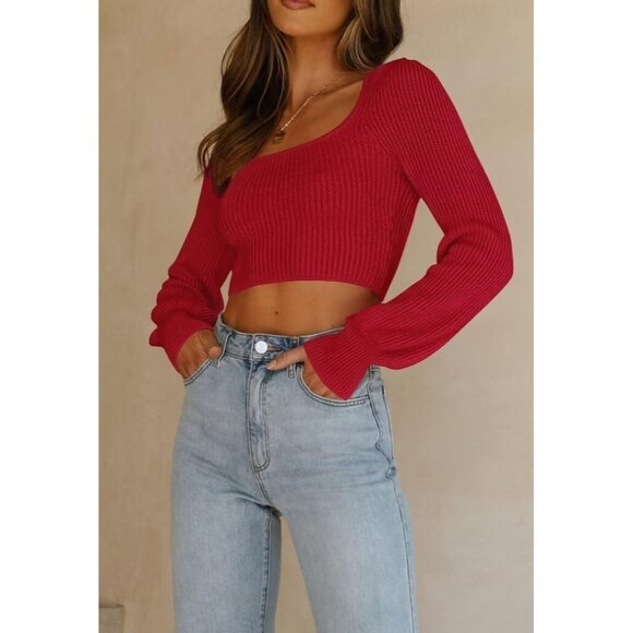 Lacozy Women's Red Greenr Trendy Long Sleeve Cropped Square Neck Knit Shirts - Picture 3 of 5